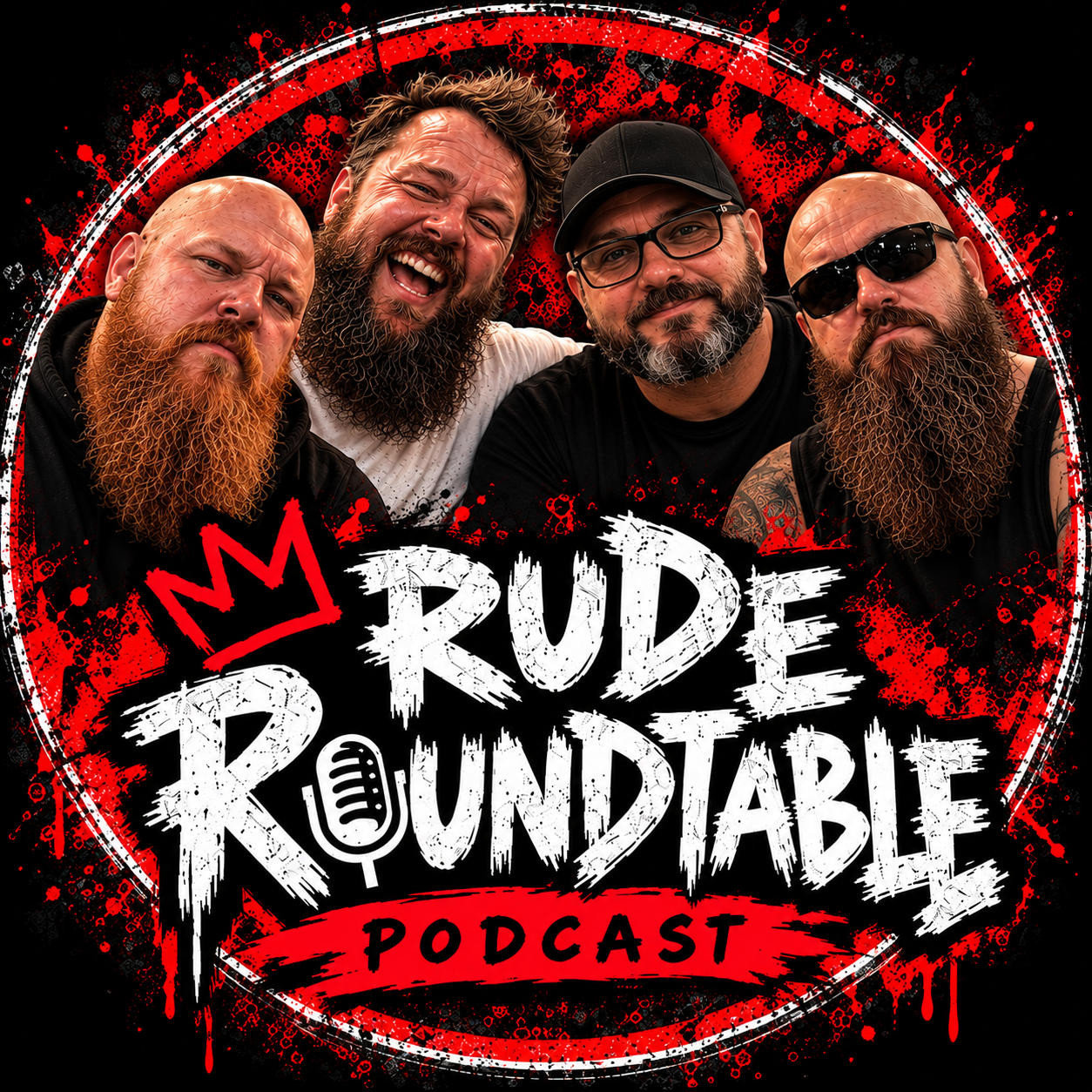 Rude Roundtable podcast logo featuring the four hosts